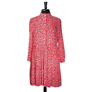 J. Crew Womens Dress Red White Floral Tiered Long Sleeve Cottagecore Fit Flare S